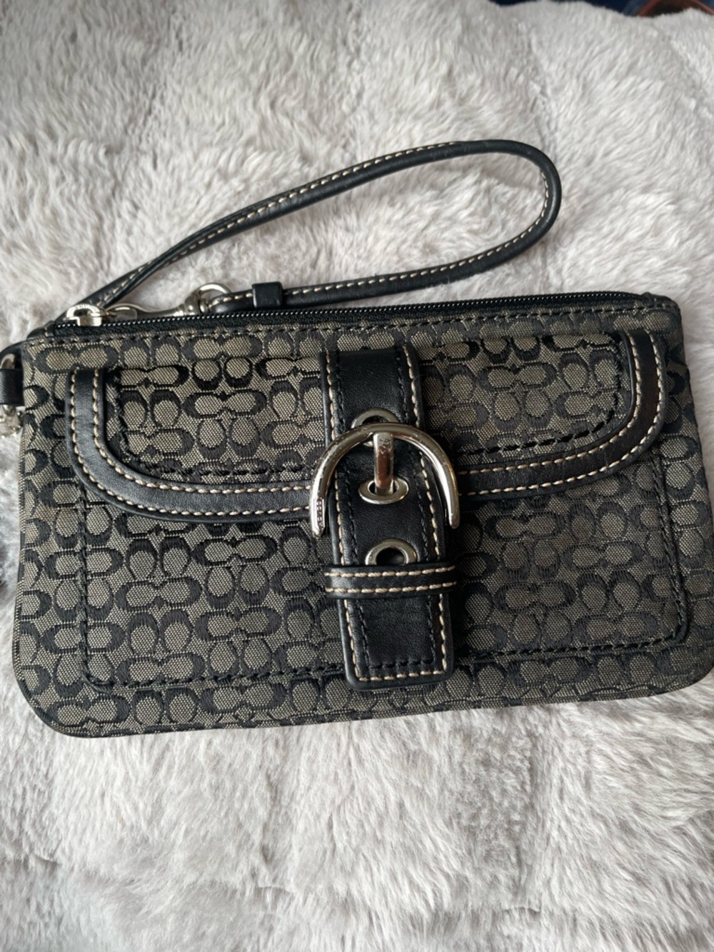 Coach Black and Tan Signature Canvas Wristlet with Buckle
